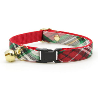Christmas Cat Collar - "Birchwood" - Holiday Red Plaid Cat Collar / Breakaway Buckle or Non-Breakaway / Cat, Kitten + Small Dog Sizes - Kitten (6-10) / Breakaway / Gold