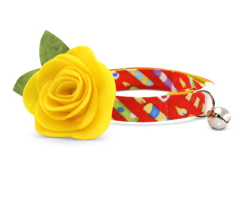 Cat Collar + Flower Set - "Birthday Candles" - Red Cat Collar w/ "Buttercup Yellow" Felt Flower (Detachable)