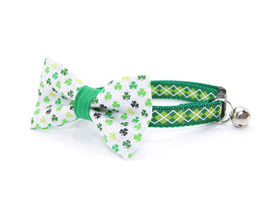 St. Patrick's Day Pet Bow Tie - "Shamrock Shore " - Mini Shamrocks on White w/ Green Center Tie - Detachable Bowtie for Cats + Dogs