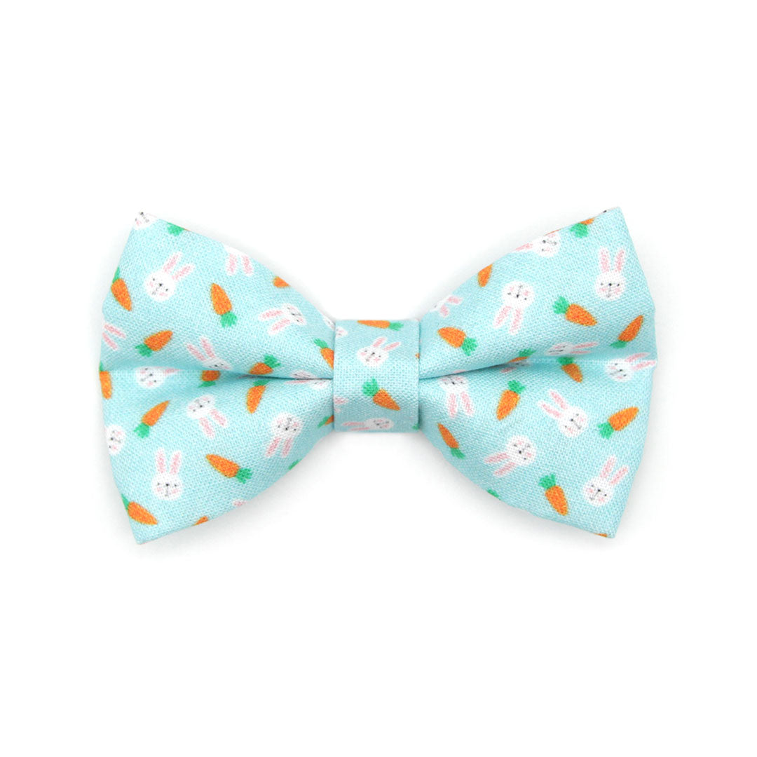 Pet Bow Tie - "Bunnies & Carrots Blue" - Light Aqua Bunny Bow Tie / Easter, Spring / For Cats + Small Dogs (One Size)