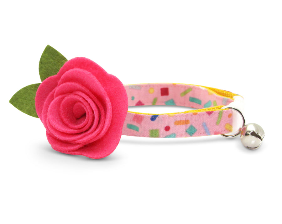 Cat Collar + Flower Set - "Confetti Sprinkles" - Pink Cat Collar w/ "Fuchsia" Felt Flower (Detachable)