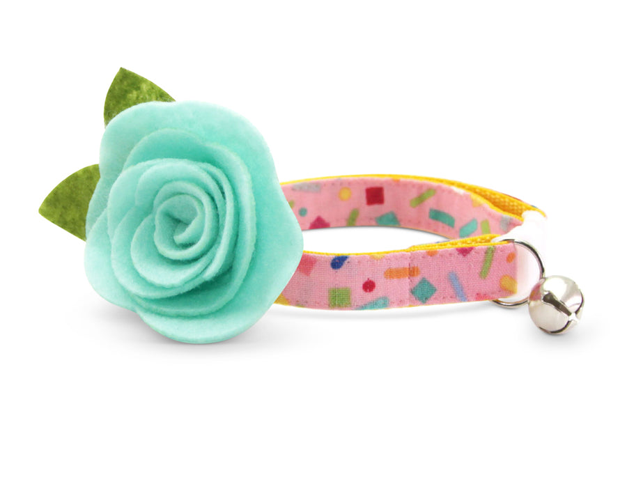 Cat Collar + Flower Set - "Confetti Sprinkles" - Pink Cat Collar w/ "Mint" Felt Flower (Detachable)