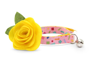 Cat Collar + Flower Set - "Confetti Sprinkles" - Pink Cat Collar w/ "Buttercup Yellow" Felt Flower (Detachable) - Adult Cat (8-13) / Breakaway / Silver