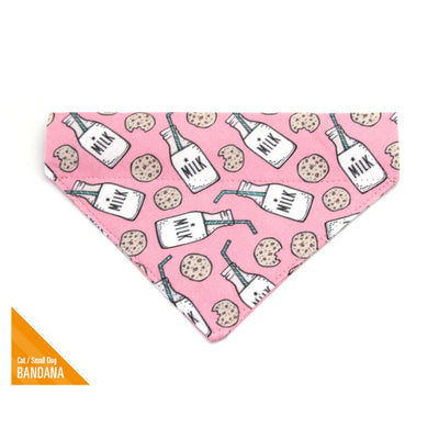 Cookie Pet Bandana - "Cookies and Milk - Pink" - Bandana for Cat Collar or Small Dog Collar / Slide-on Bandana / Over-the-Collar (One Size)