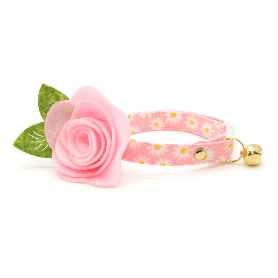 Cat Collar + Flower Set - "Daisies - Pink" - Floral Daisy Cat Collar w/ Baby Pink Felt Flower (Detachable)