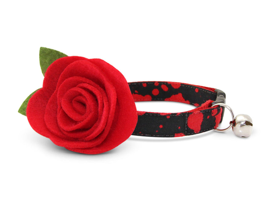 Vampire Cat Collar with Flower Set - "Dracula" - Horror Fan Gift/Halloween Cat Collar + Felt Flower (Scarlet Red) - Breakaway/Non-Breakaway