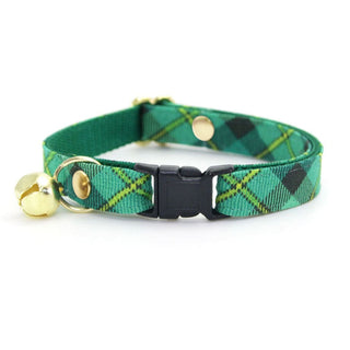 Plaid Cat Collar - "Dublin" - Green Cat Collar / St. Patrick's Day / Breakaway Buckle or Non-Breakaway / Cat, Kitten + Small Dog Sizes - Kitten (6-10) / Breakaway / Gold