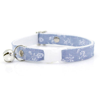 Cat Collar - "Fairfield" - Light Blue Floral Chambray Cat Collar - Breakaway Buckle or Non-Breakaway / Cat, Kitten + Small Dog Sizes