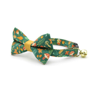 Bow Tie Cat Collar Set - "Forest Fantasy" - Woodland Medley Green Cat Collar w/ Matching Bowtie / Cat, Kitten, Small Dog Sizes - Kitten (6-10) / Breakaway / Gold