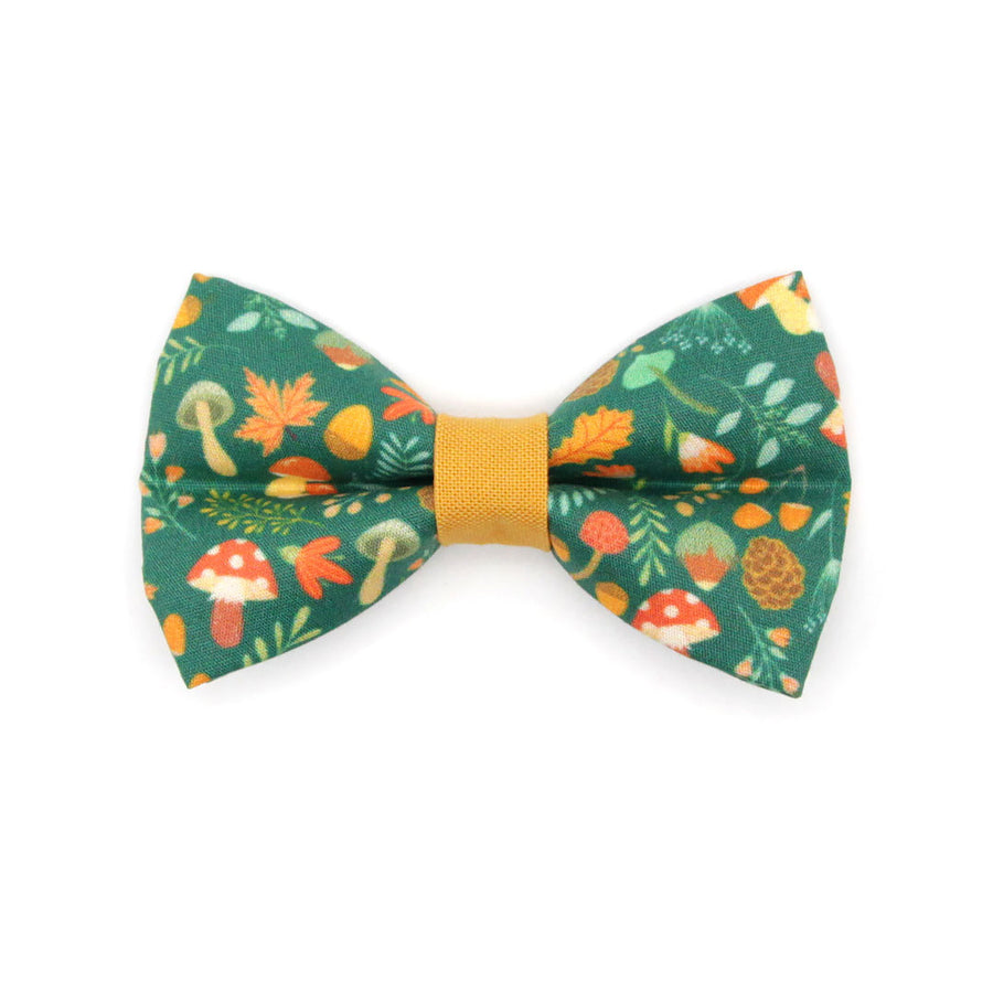 Pet Bow Tie - "Forest Fantasy" - Woodland Medley Green Bow Tie for Cat / Mushrooms, Acorns / For Cats + Small Dogs (One Size)