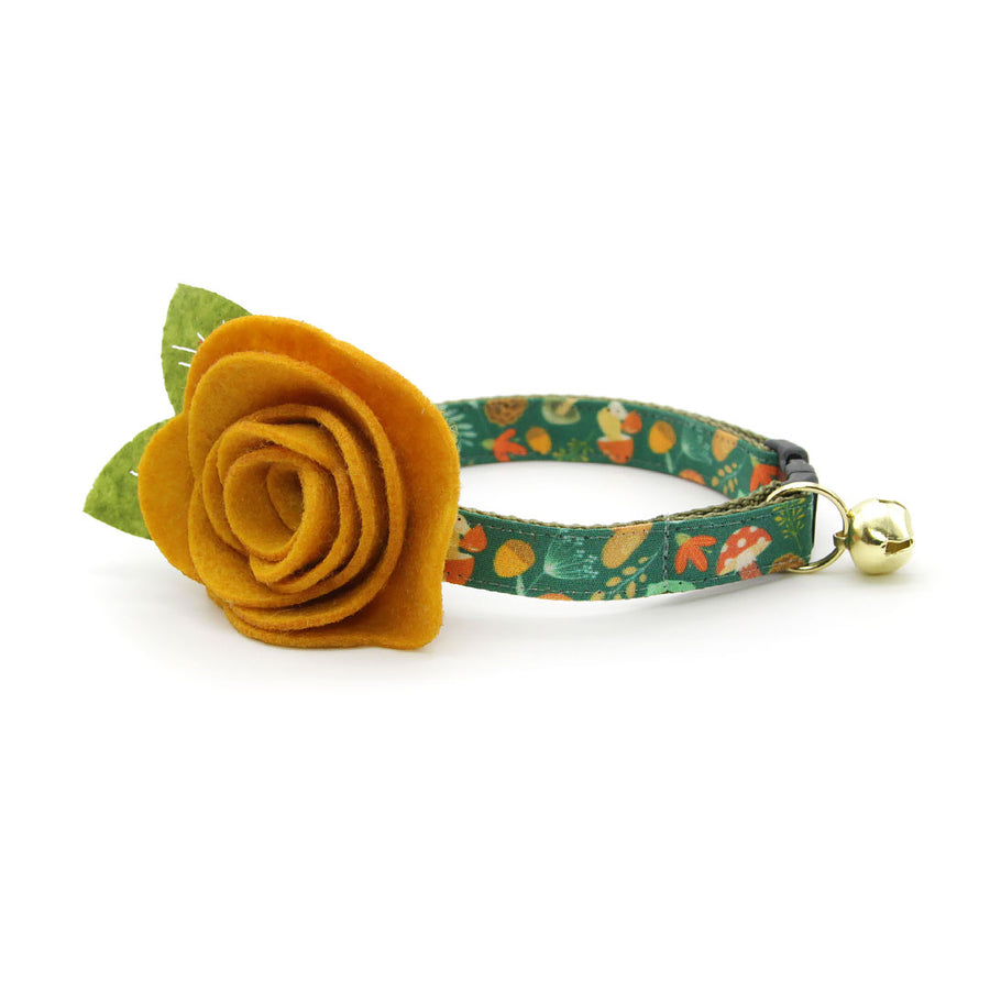 Cat Collar + Flower Set - "Forest Fantasy" - Fall Woodland Medley Green Cat Collar w/ Mustard Felt Flower (Detachable)