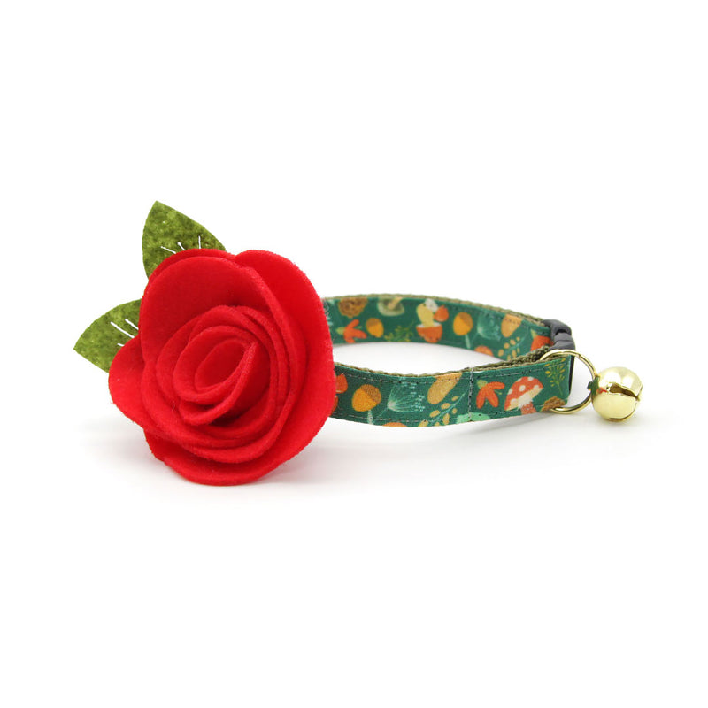 Cat Collar + Flower Set - "Forest Fantasy" - Fall Woodland Medley Green Cat Collar w/ Scarlet Red Felt Flower (Detachable)
