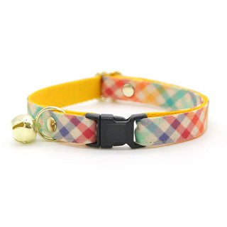 Cat Collar - "Golden Hour" - Rainbow Plaid Cat Collar / Breakaway Buckle or Non-Breakaway / Cat, Kitten + Small Dog Sizes - Kitten (6-10) / Breakaway / Gold