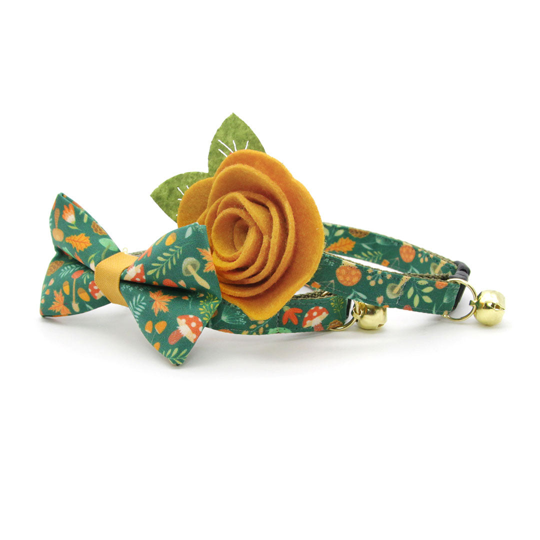 Pet Bow Tie - "Forest Fantasy" - Woodland Medley Green Bow Tie for Cat / Mushrooms, Acorns / For Cats + Small Dogs (One Size)