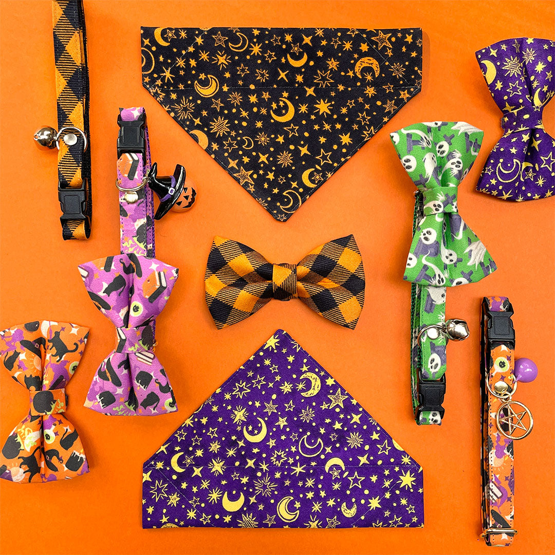 Cat Collar - "Hocus Pocus - Purple" - Halloween Cat Collar / Witch, Spellbook, Potions, Cauldron / Breakaway Buckle or Non-Breakaway / Cat, Kitten + Small Dog Sizes