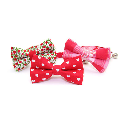 Valentine's Day Cat Bow Tie - "Love Song" - White Hearts on Red Bow Tie / For Cats + Small Dogs / Removable (One Size)