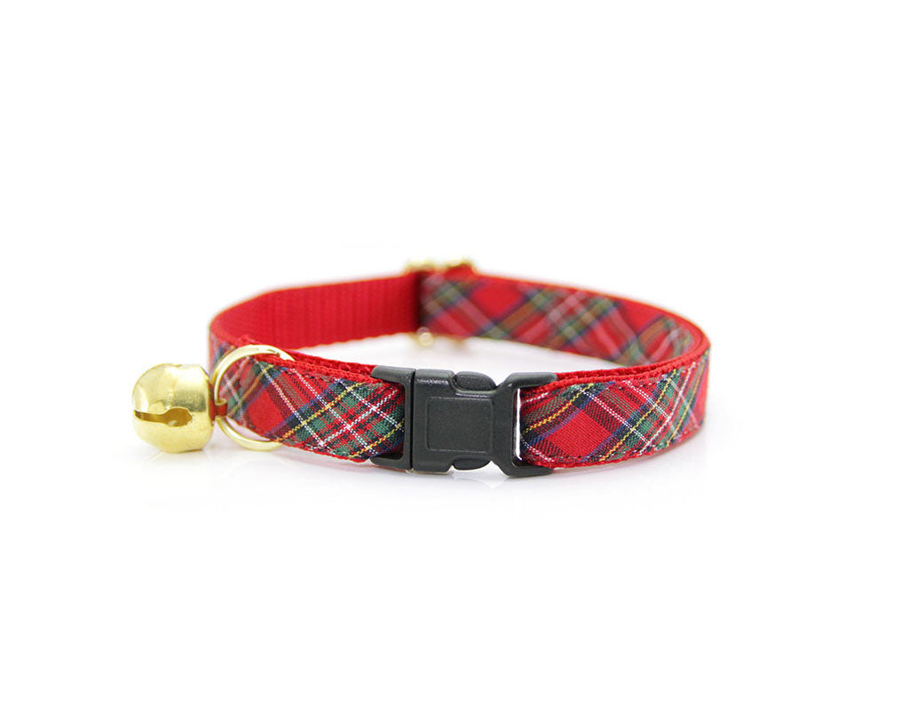 Cat Collar + Flower Set - "Hearthside" - Red Holiday Plaid Cat Collar w/ Scarlet Felt Flower (Detachable)