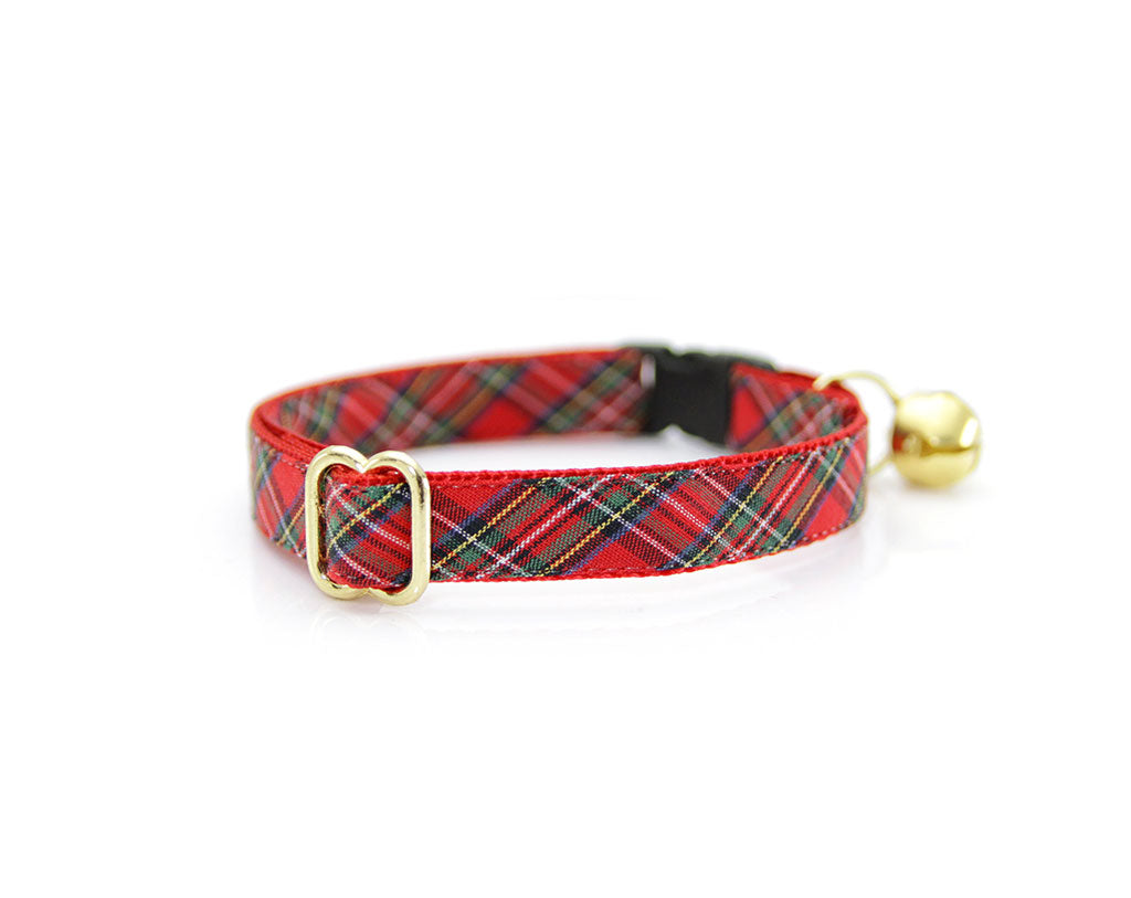 Cat Collar + Flower Set - "Hearthside" - Red Holiday Plaid Cat Collar w/ Scarlet Felt Flower (Detachable)