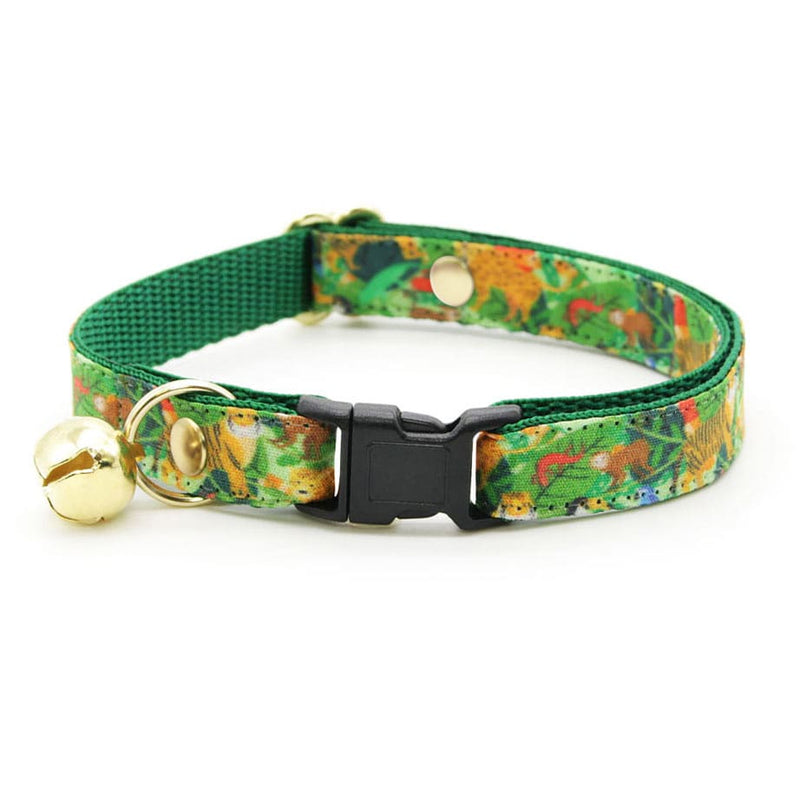 Cat Collar - "Jungle Vibes" - Green Cat Collar / Nature, Rainforest, Safari Animals / Breakaway Buckle or Non-Breakaway / Cat, Kitten + Small Dog Sizes