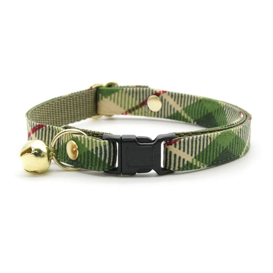 Cat Collar - "Linden" - Buttercream + Leaf Green Plaid Cat Collar / Breakaway Buckle or Non-Breakaway / Cat, Kitten + Small Dog Sizes