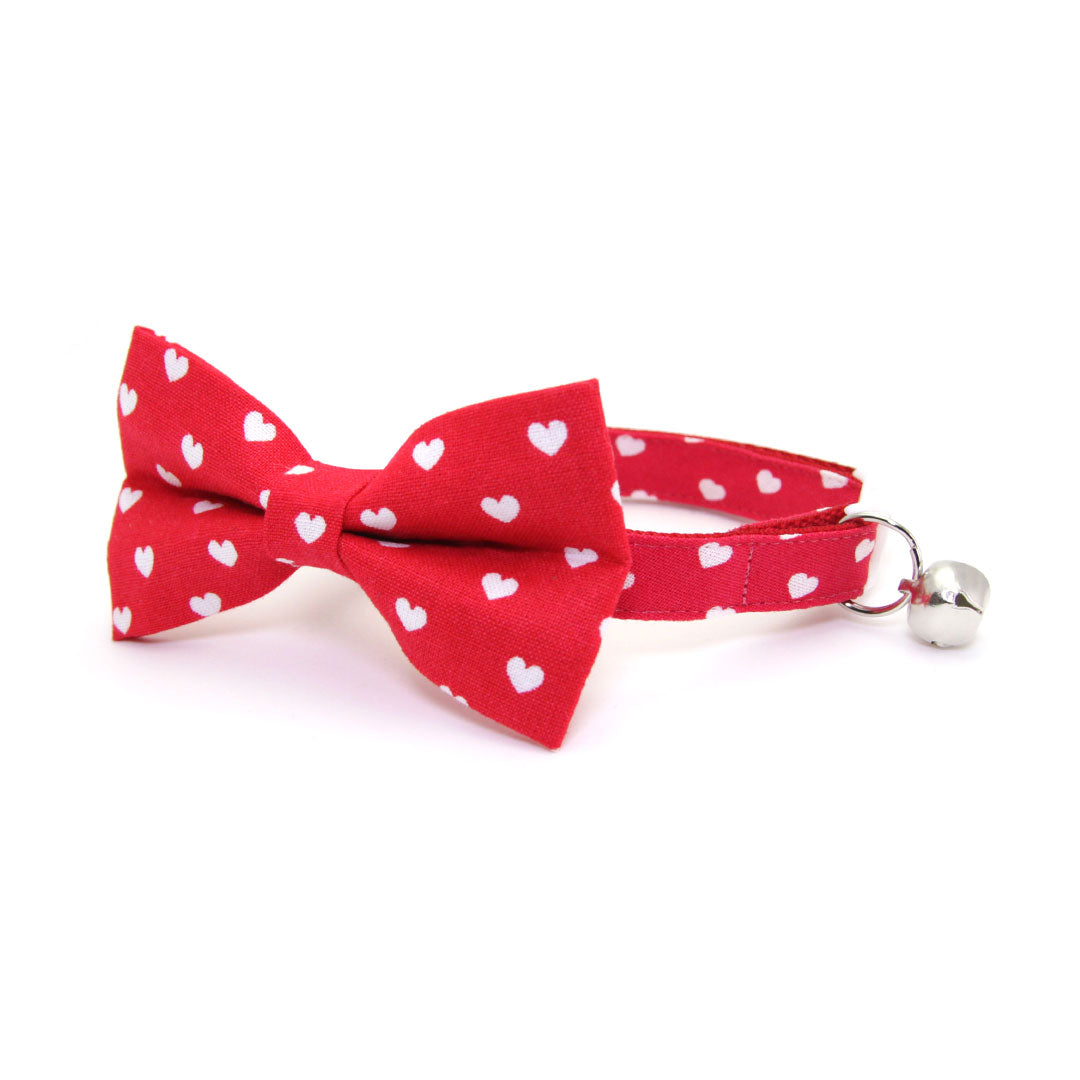 Valentine's Day Cat Bow Tie - "Love Song" - White Hearts on Red Bow Tie / For Cats + Small Dogs / Removable (One Size)