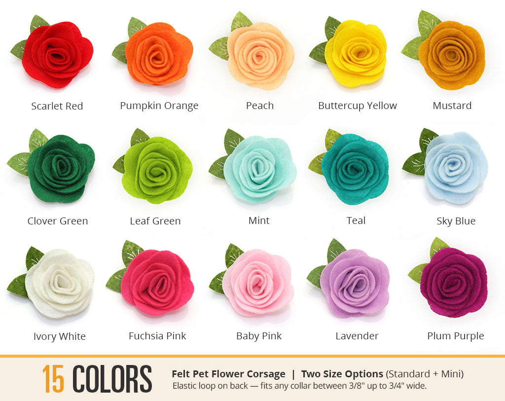 Pet Flower Corsages (15 Felt Colors) - Sold Individually - For Cat Collar + Small Dog Collar / Wedding Pet / Standard or Mini Size Option
