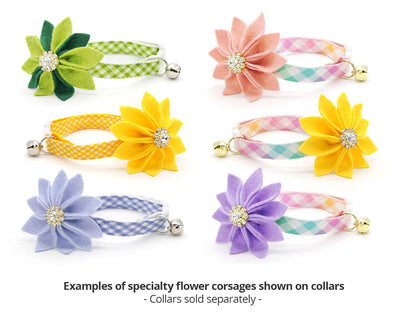 Specialty Pet Flower Corsages (12 Styles) - Sold Individually / Collar Flower for Cats + Small Dogs / St. Patrick's Day, Independence Day, Halloween, Christmas, Easter + Weddings