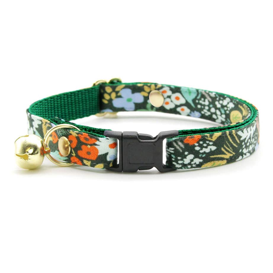 Cat Collar - "Meadow" - Rifle Paper Co® Dark Green Floral Cat Collar / Breakaway Buckle or Non-Breakaway / Cat, Kitten + Small Dog Sizes