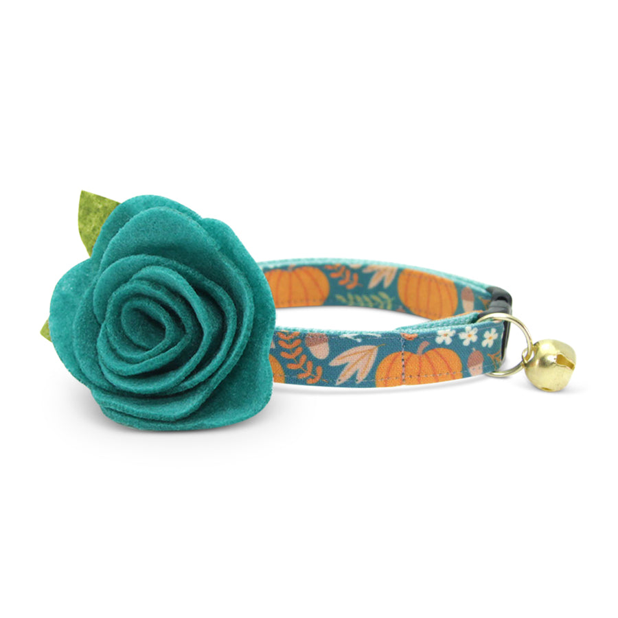 Cat Collar + Flower Set - "Pumpkin Patch - Teal" - Fall Harvest Cat Collar w/ "Teal" Felt Flower (Detachable)