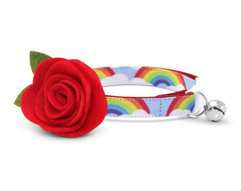Cat Collar + Flower Set - "Rainbow Magic" - Cat Collar w /  "Red" Felt Flower (Detachable)