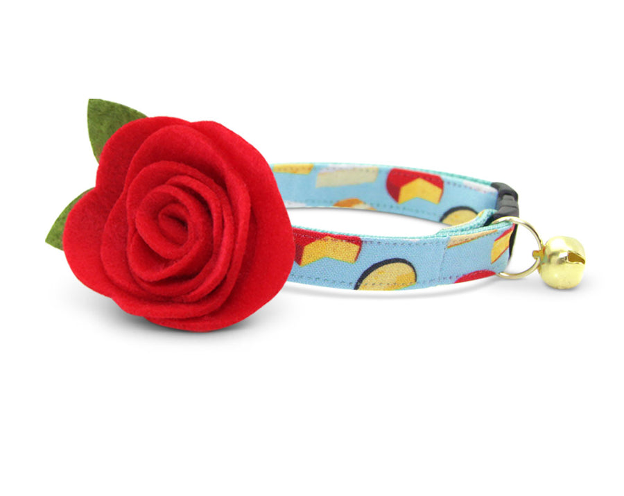 Cat Collar + Flower Set - "Say Cheese" Cat Collar w/ "Red" Felt Flower (Detachable)