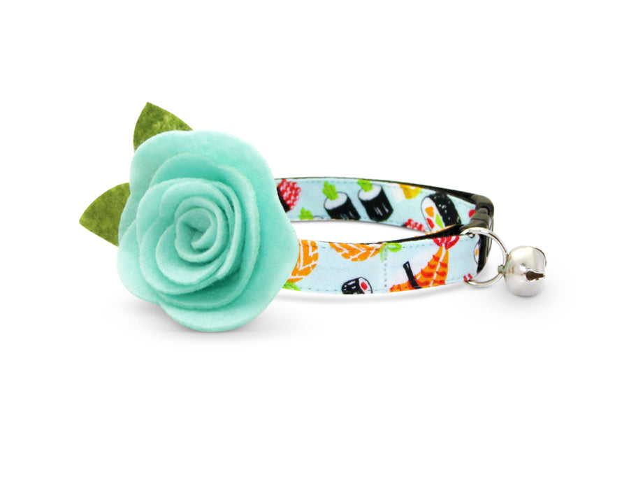 Sushi Cat Collar with Flower Set - "Sushi Date" - Cat Collar with Mint Felt Flower - Breakaway/Non-Breakaway/Cat, Kitten & Small Dog Sizes