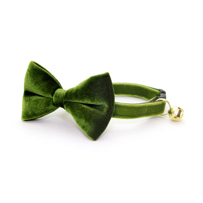 Bow Tie Cat Collar Set - "Velvet - Leaf Green" - Olive Velvet Cat Collar w/ Coordinating Bowtie (Removable) / Wedding