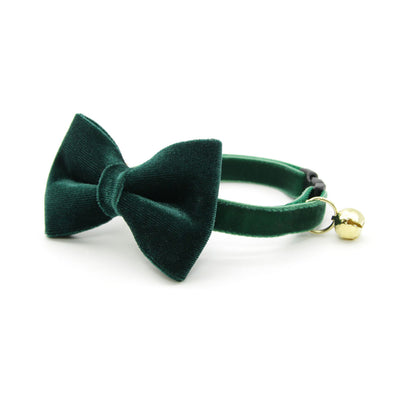 Bow Tie Cat Collar Set - "Velvet - Hunter Green" - Dark Green Velvet Cat Collar + Coordinating Velvet Bow Tie (Removable) / Breakaway or Non-Breakaway