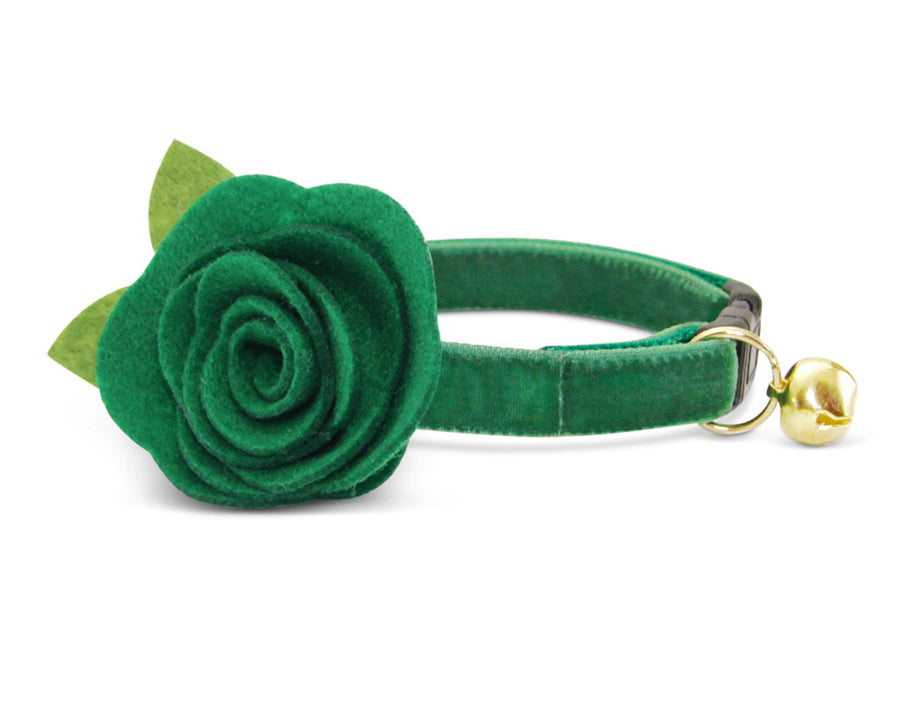 Cat Collar + Flower Set - "Velvet - Hunter Green" - Dark Green Velvet Cat Collar w/ Clover Green Felt Flower (Detachable) / Breakaway or Non-Breakaway