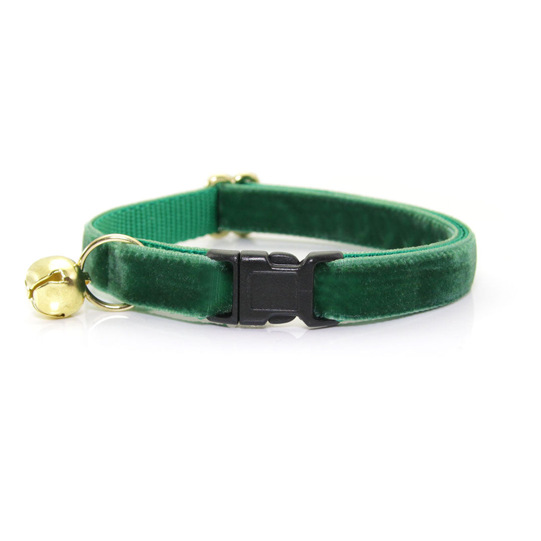 Cat Collar + Flower Set - "Velvet - Hunter Green" - Dark Green Velvet Cat Collar w/ Clover Green Felt Flower (Detachable) / Breakaway or Non-Breakaway