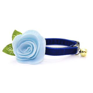 Cat Collar with Flower Set - "Velvet - Sapphire Blue" - Velvet Cat Collar w/ Sky Blue Felt Flower (Detachable) / Breakaway or Non-Breakaway - Kitten (6-10) / Breakaway / Gold