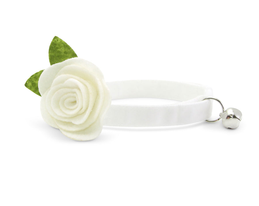 Cat Collar + Flower Set - "Velvet - Snowy White" - Velvet Solid Color Cat Collar w/ Ivory Felt Flower (Detachable)