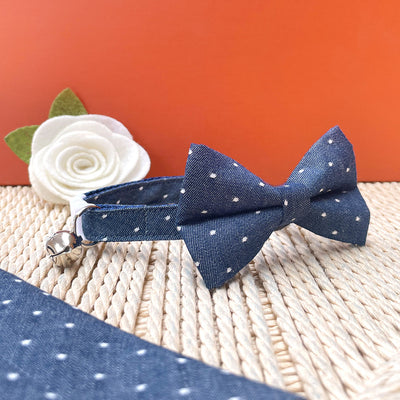 Bow Tie Cat Collar Set - "Weekend" - Blue Polka Dot Chambray Denim Cat Collar w /  Matching Bowtie / Wedding / Cat, Kitten, Small Dog Sizes