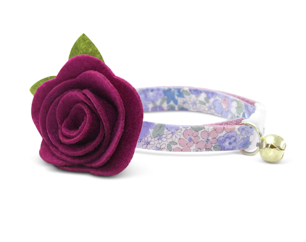 Cat Collar - "Willow" - Light Pink, Purple & Blue Floral Cat Collar - Breakaway Buckle or Non-Breakaway / Cat, Kitten + Small Dog Sizes