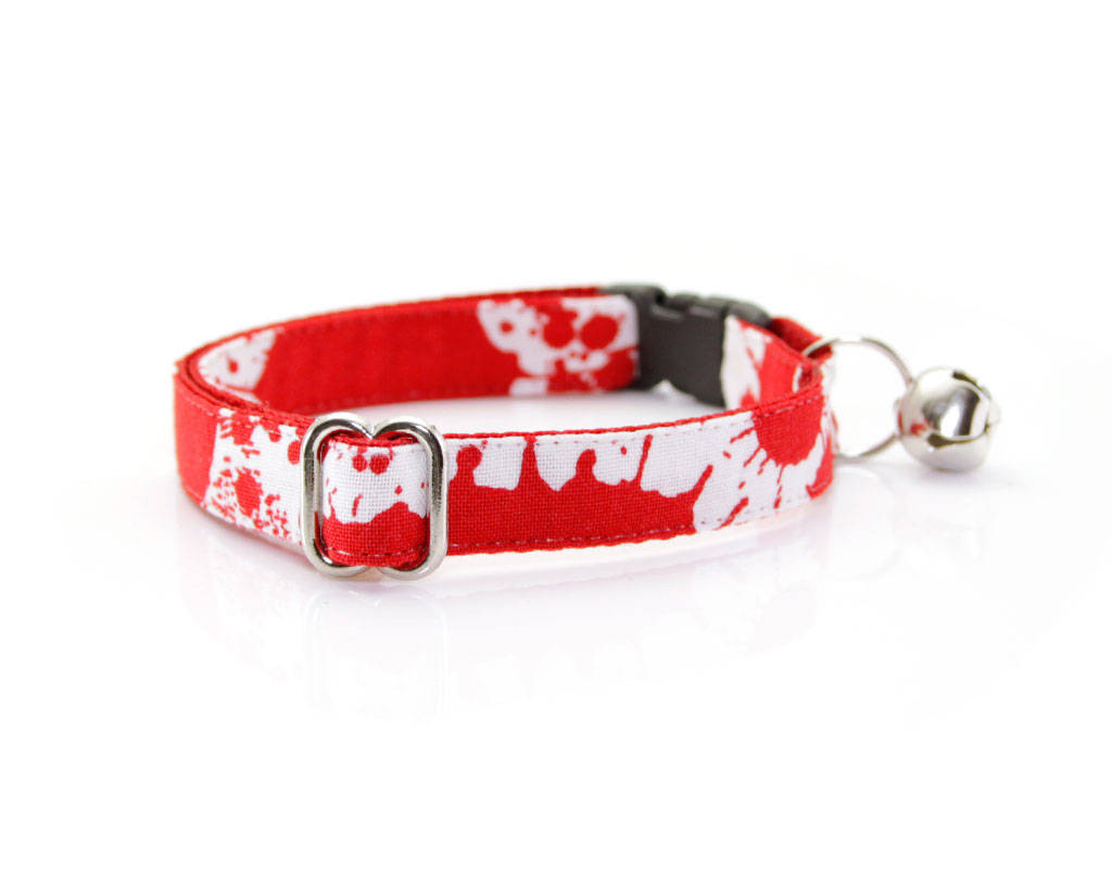 Halloween Cat Collar - "Dexter" - Vampire, American Psycho, Horror Fans - Red Blood Spatters on White - Breakaway Buckle or Non-Breakaway