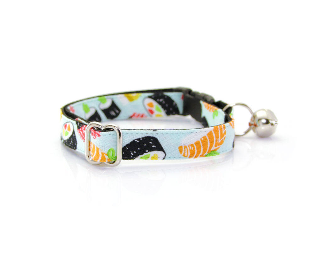 Cat Collar - "Sushi Date" - Delicious Tuna & Salmon Delights - Breakaway Buckle or Non-Breakaway - Cat, Kitten + Small Dog Sizes