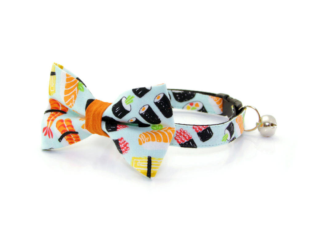 Cat Collar - "Sushi Date" - Delicious Tuna & Salmon Delights - Breakaway Buckle or Non-Breakaway - Cat, Kitten + Small Dog Sizes