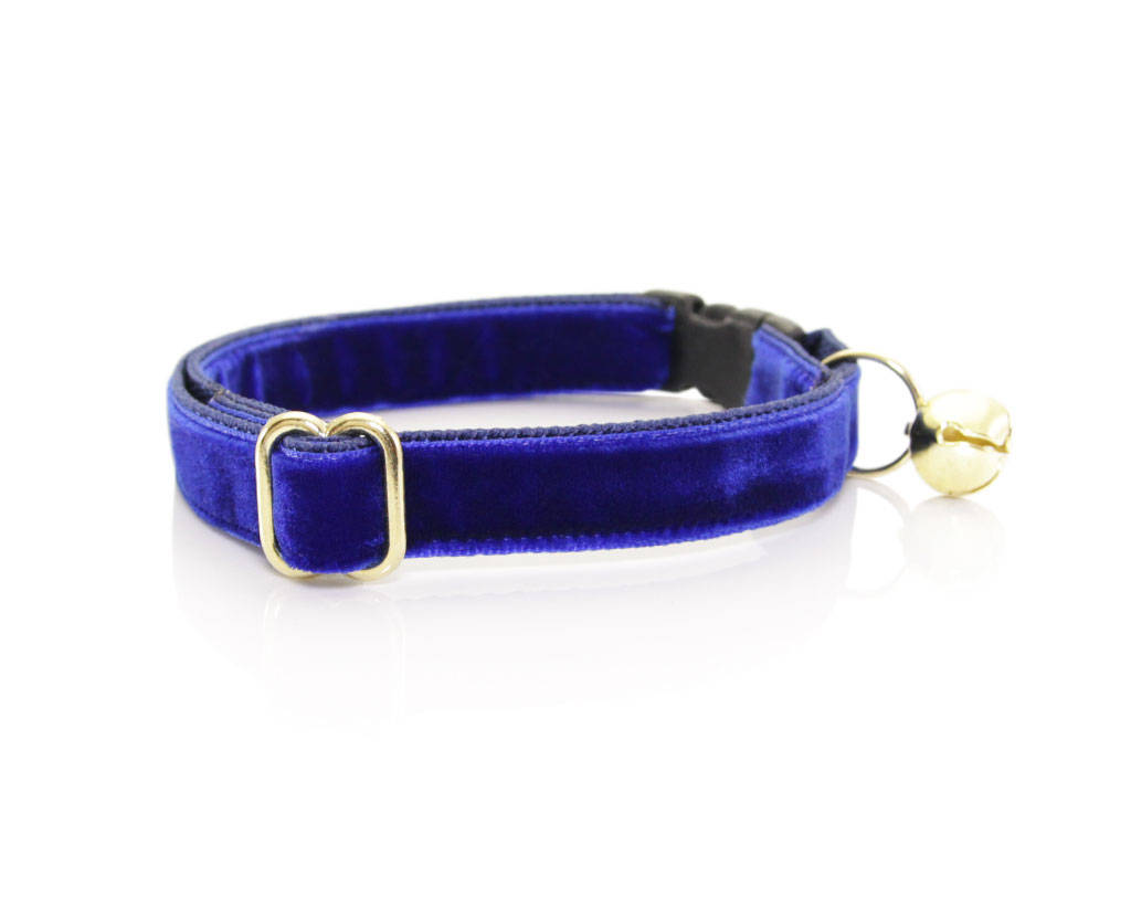 Cat Collar with Flower Set - "Velvet - Sapphire Blue" - Velvet Cat Collar with Sky Blue Flower (Detachable) / Breakaway or Non-Breakaway