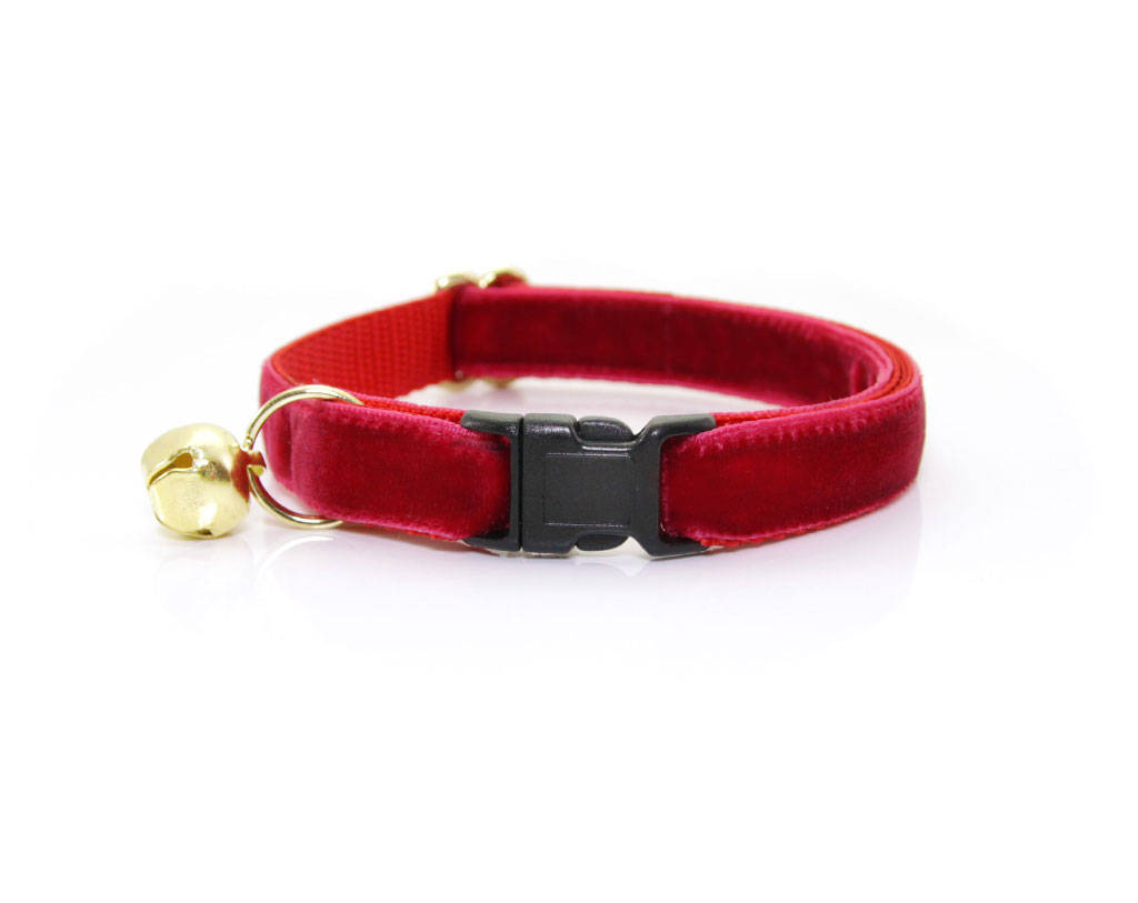 Holiday Velvet Cat Collar + Flower Set - "Velvet - Garnet Red" - Velvet Cat Collar w/ Scarlet Felt Flower (Detachable)