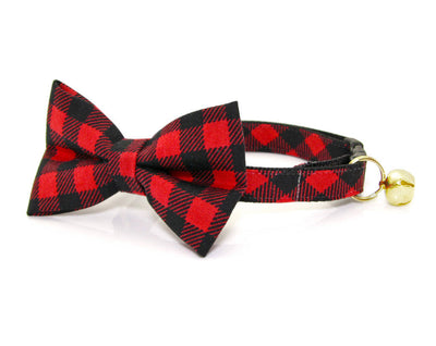Cat Collar - "Cozy Cabin Red" - Buffalo Plaid Collar - Breakaway Buckle or Non-Breakaway - Cat + Small Dog Sizes