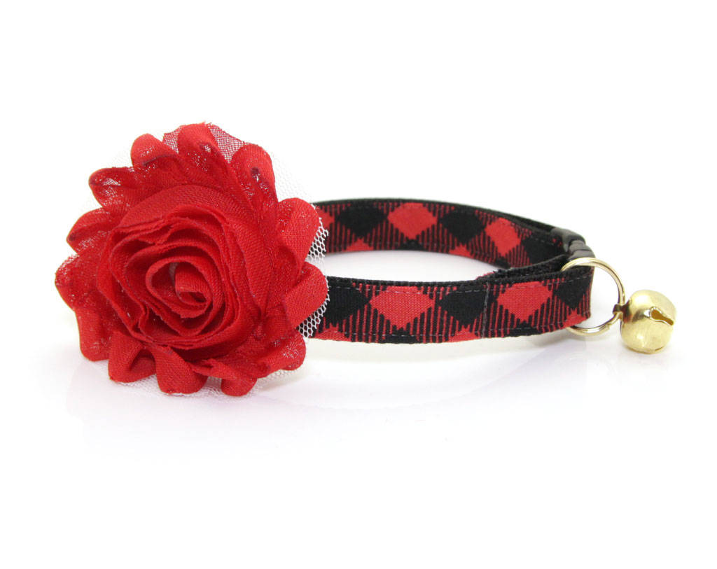 Cat Collar - "Cozy Cabin Red" - Buffalo Plaid Collar - Breakaway Buckle or Non-Breakaway - Cat + Small Dog Sizes