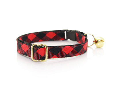 Bow Tie Cat Collar Set - "Cozy Cabin Red" - Buffalo Plaid Cat Collar + Bow Tie (Removable) / Breakaway or Non-Breakaway