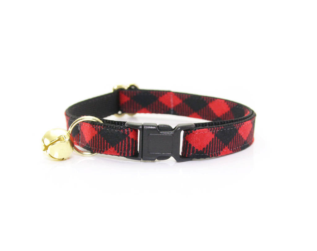 Bow Tie Cat Collar Set - "Cozy Cabin Red" - Buffalo Plaid Cat Collar + Bow Tie (Removable) / Breakaway or Non-Breakaway