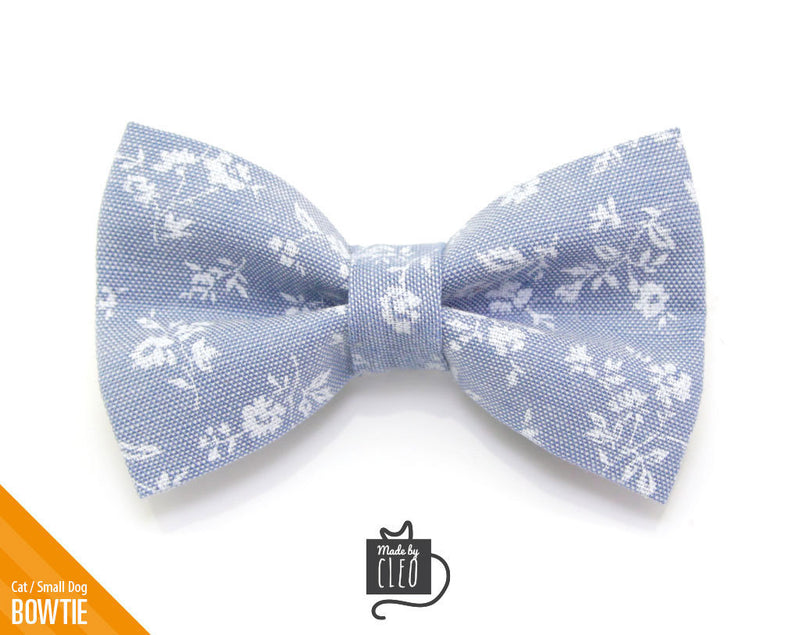 Chambray Cat Bow Tie - "Fairfield" - Light Blue Floral Cat Collar Bow Tie / Kitten Bow / Small Dog Bowtie / Wedding / Removable (One Size)